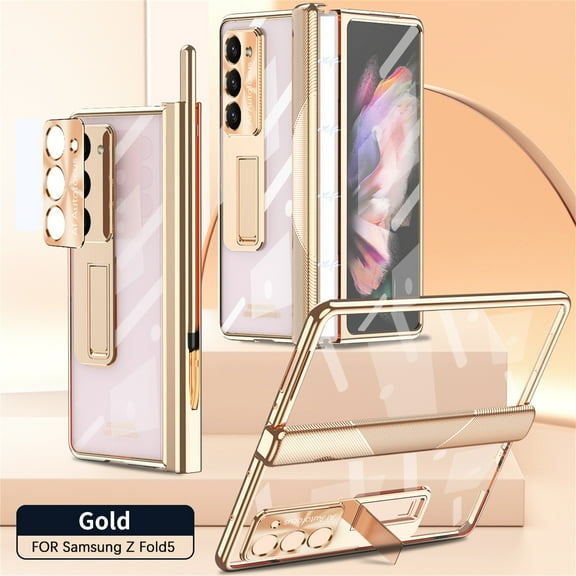 ELEHOLD Rugged Clear Case for Samsung Galaxy Z Fold 5 with Magnetic Hinge Protection Built-in Screen Protector, with Stylus Hidden Kickstand Lens Protection Plating Shockproof Luxury Case,Gold