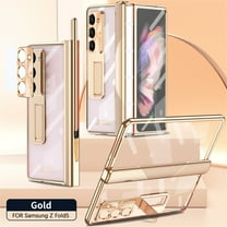 ELEHOLD Rugged Clear Case for Samsung Galaxy Z Fold 5 with Magnetic Hinge Protection Built-in Screen Protector, with Stylus Hidden Kickstand Lens Protection Plating Shockproof Luxury Case,Gold