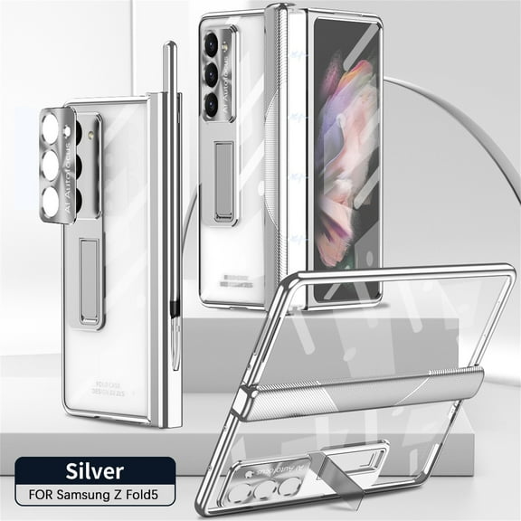 ELEHOLD Rugged Clear Case for Samsung Galaxy Z Fold 5 with Magnetic Hinge Protection Built-in Screen Protector, with Stylus Hidden Kickstand Lens Protection Plating Shockproof Luxury Case,Silver