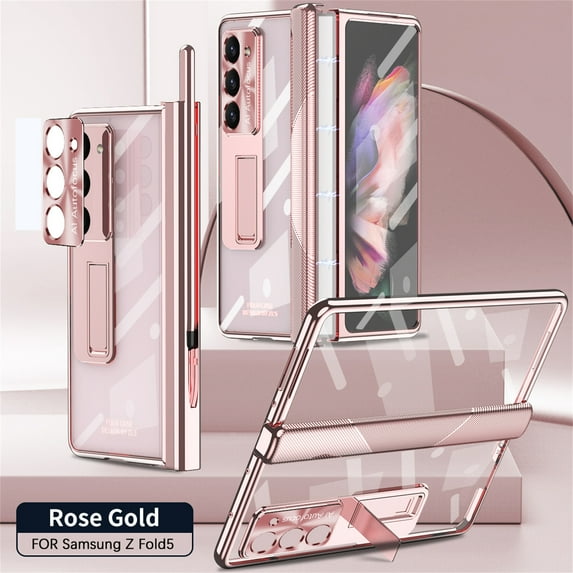 ELEHOLD Rugged Clear Case for Samsung Galaxy Z Fold 5 with Magnetic Hinge Protection Built-in Screen Protector, with Stylus Hidden Kickstand Lens Protection Plating Shockproof Luxury Case,Rosegold