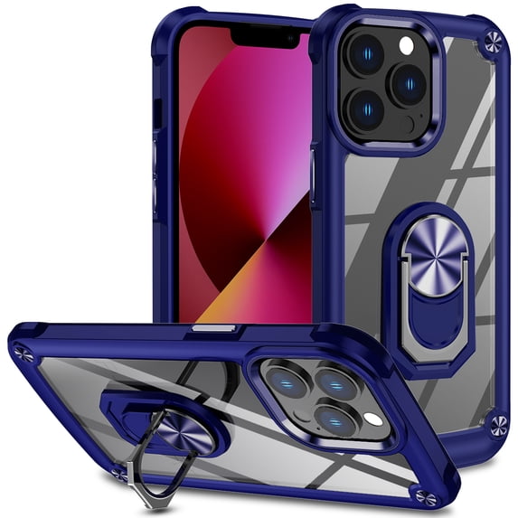 ELEHOLD Rugged Clear Case for iPhone 13 Pro Max 6.7" Hybrid Hard PC Crystal Clear Back+Soft TPU Shockproof Design Slim Case with Metal Ring Holder Kickstand for iPhone 13 Pro Max,Blue