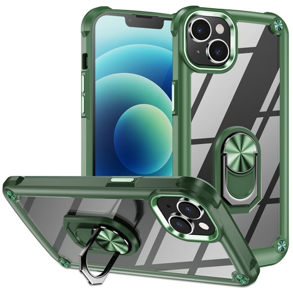 ELEHOLD Rugged Clear Case for iPhone 14 Plus 6.7" Hybrid Hard PC Crystal Clear Back+Soft TPU Shockproof Design Slim Lightweight Case with Metal Ring Holder Kickstand for iPhone 14 Plus,Armygreen