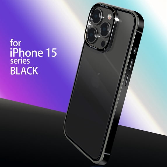 ELEHOLD Rugged Clear Case for iPhone 15 Pro Transparent Clear Back Metal Alloy Bumper Heavy Duty Shockproof Anti-Scratch Case for iPhone 15 Pro 6.1,Black