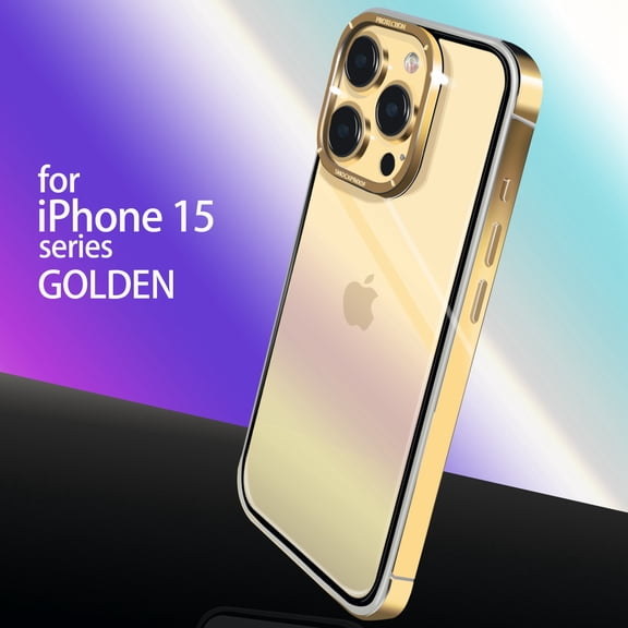 ELEHOLD Rugged Clear Case for iPhone 15 Pro Transparent Clear Back Metal Alloy Bumper Heavy Duty Shockproof Anti-Scratch Case for iPhone 15 Pro 6.1,Gold