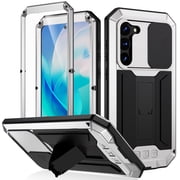 ELEHOLD Rugged Full Body Case for Samsung Galaxy S23 Plus/S23+ with Slide Camera Protection Built-in Screen Protector Hidden Kickstand Military Grade Shockproof Anti-Scratch Heavy Duty Case, Silver