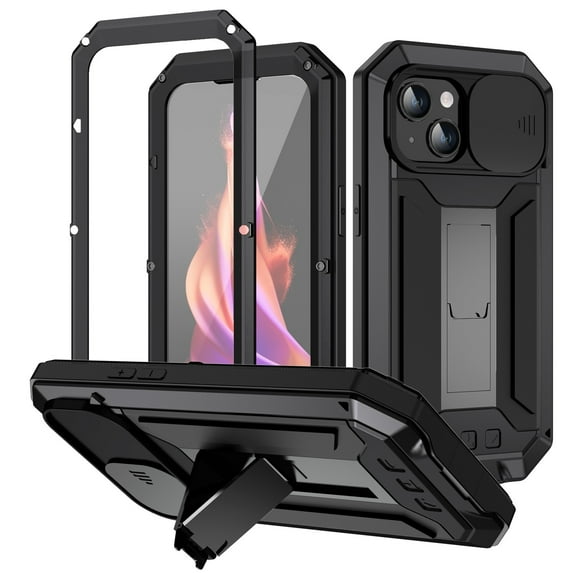 ELEHOLD Rugged Full Body Case for iPhone 15 Plus with Slide Camera Lens Protector Built-in Screen Protector Foldable Kickstand Military Grade Shockproof Heavy Duty Case for iPhone 15 Plus,Black