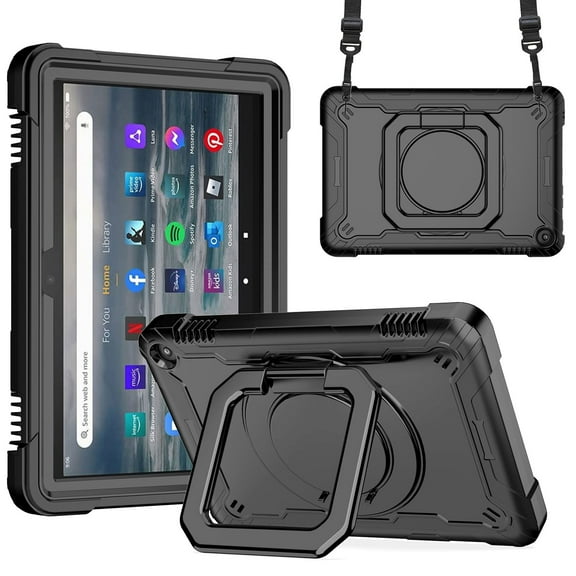 ELEHOLD Rugged Heavy Duty Case for Kindle Fire HD 8/ Fire HD 8 Plus (12th Gen 2022 Release), Kids Friendly 360° Rotating Kickstand Handle Grip Shoulder Strap Shockproof Case,Black