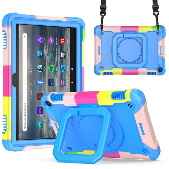 ELEHOLD Rugged Heavy Duty Case for Kindle Fire HD 8/ Fire HD 8 Plus (12th Gen 2022 Release), Kids Friendly 360? Rotating Kickstand Handle Grip Shoulder Strap Shockproof Case,Colorful/Blue