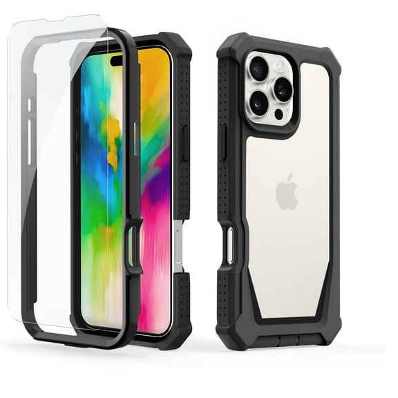 ELEHOLD Rugged Heavy-Duty Phone Case for iPhone 16,Military-Grade Drop Protection Shockproof Dual-Layer Design Clear Back Anti-Slip Grip Case with Screen Protector,Black