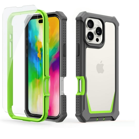 ELEHOLD Rugged Heavy-Duty Phone Case for iPhone 16 Plus,Military-Grade Drop Protection Shockproof Dual-Layer Design Clear Back Anti-Slip Grip Case with Screen Protector,Garygreem