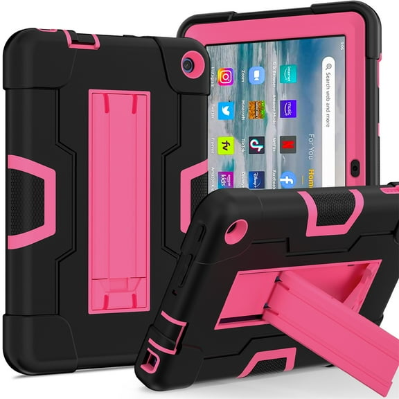 ELEHOLD Rugged Hybrid Case for Amazon Fire 7 Tablet (12th Gen, 2022), Tri-Layers Hard PC Soft Silicone Hidden Kickstand Anti-Scratch Shockproof Heavy Duty Case for Kids Men Women,Black+Rose