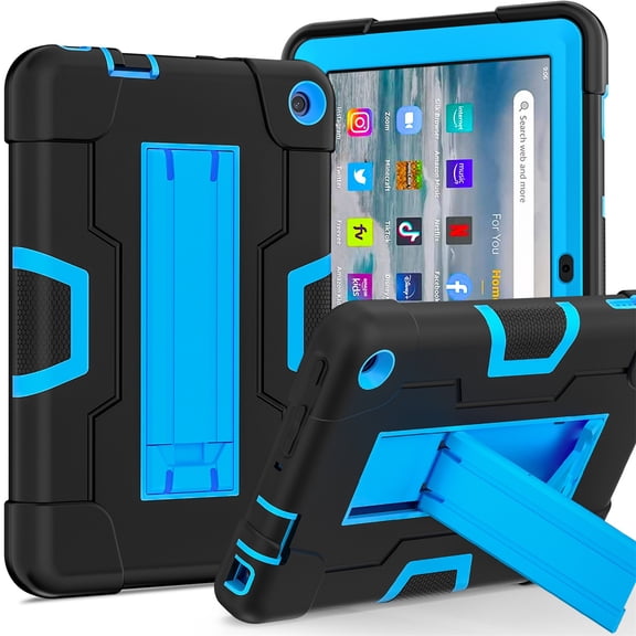 ELEHOLD Rugged Hybrid Case for Amazon Fire 7 Tablet (12th Gen, 2022), Tri-Layers Hard PC Soft Silicone Hidden Kickstand Anti-Scratch Shockproof Heavy Duty Case for Kids Men Women,Black+Blue