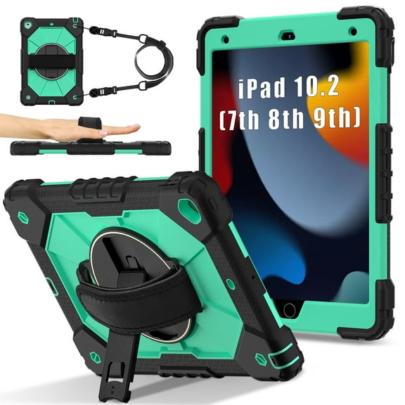 ELEHOLD Rugged Hybrid Case For iPad 9th/8th/7th Generation, with Built-in Kickstand 360° Rotating Handstrap Crossbody Shoulder Strap Shockproof Heavy Duty Case, Black+Mint