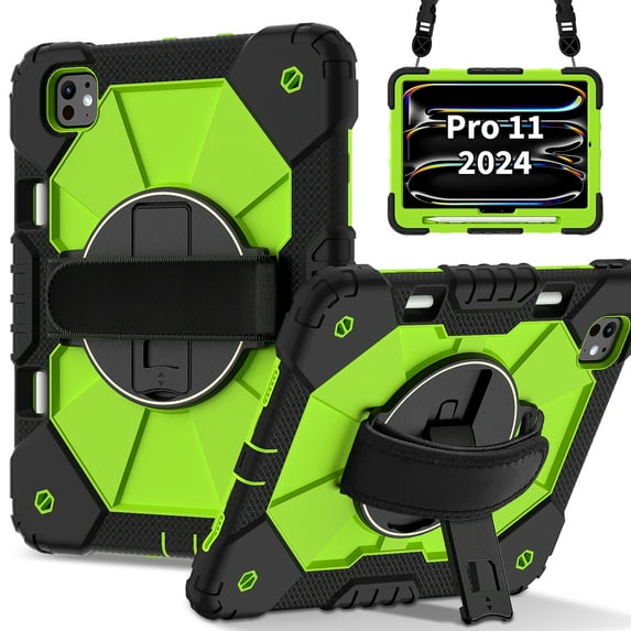 ELEHOLD Rugged Hybrid Case For iPad Pro 11 2024, with Built-in Kickstand 360° Rotating Handstrap Pencil Holder Crossbody Shoulder Strap Shockproof Heavy Duty Case, Black+Green