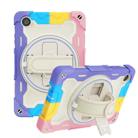 ELEHOLD Rugged Hybrid Case for Lenovo Tab M8 (3rd Gen) 8"  2021 Multi-Layer Protection Hard PC Soft Silicone with Rotatable Kickstand Handstrap Pencil Holder Shockproof Protective Case,Rainbow Pink