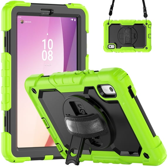 ELEHOLD Rugged Hybrid Case for Lenovo Tab M9 (2023) 9.0" Three-Layer Protection with Built-in Screen Protector 360° Rotating Kickstand Handstrap Adjustable Shoulder Strap Shockproof Case,Green + Black