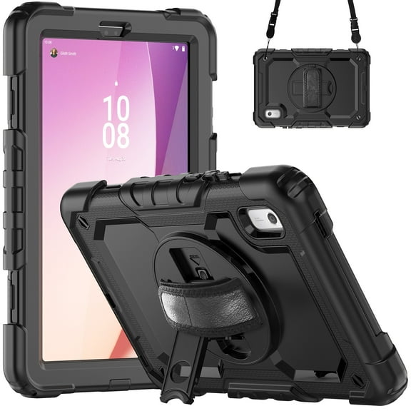 ELEHOLD Rugged Hybrid Case for Lenovo Tab M9 (2023) 9.0" Three-Layer Protection with Built-in Screen Protector 360° Rotating Kickstand Handstrap Adjustable Shoulder Strap Shockproof Case,Black