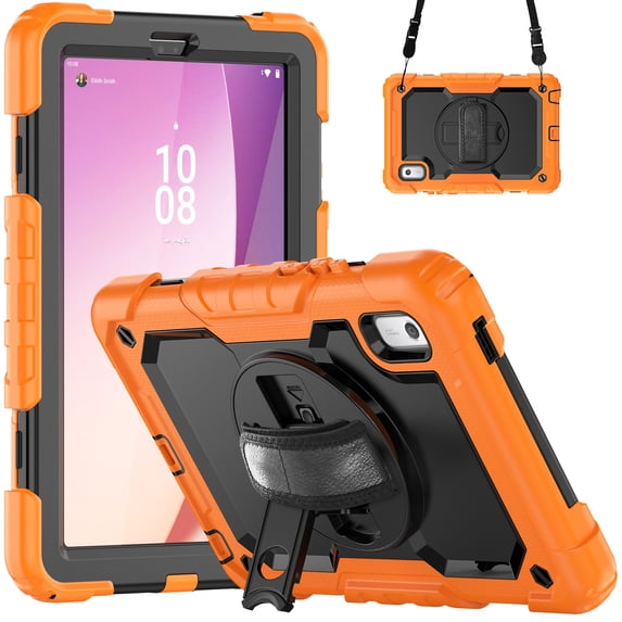 ELEHOLD Rugged Hybrid Case for Lenovo Tab M9 (2023) 9.0" Three-Layer Protection with Built-in Screen Protector 360° Rotating Kickstand Handstrap Adjustable Shoulder Strap Shockproof Case,Orange+ Black