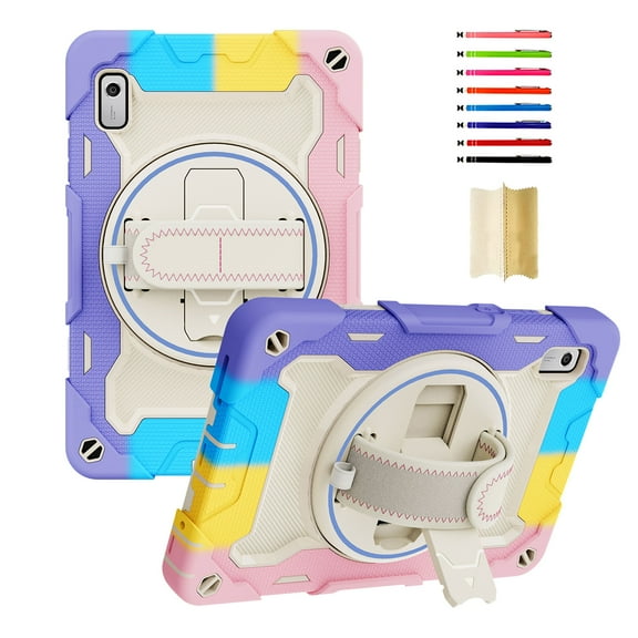 ELEHOLD Rugged Hybrid Case for Lenovo Tab M9 9.0" 2023 Multi-Layer Protection Hard PC Soft Silicone with Rotatable Kickstand Handstrap Pencil Holder Shockproof Protective Case,Rainbow Pink
