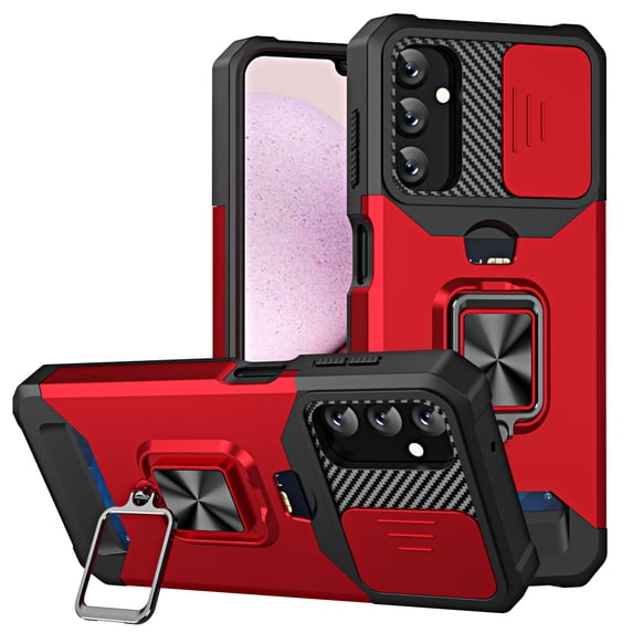 ELEHOLD Rugged Hybrid Case for Samsung Galaxy A14 5G Heavy Duty with Card Slot Camera Lens Cover Magnetic Metal Ring Holder Kickstand Shockproof Case,Red