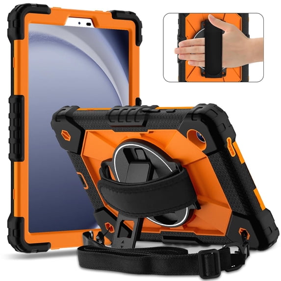 ELEHOLD Rugged Hybrid Case For Samsung Galaxy Tab A11 2025 8.7-inch, with Built-in Kickstand 360° Rotating Handstrap Crossbody Shoulder Strap Shockproof Heavy Duty Case, Black+Orange