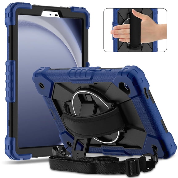 ELEHOLD Rugged Hybrid Case For Samsung Galaxy Tab A11 2025 8.7-inch, with Built-in Kickstand 360° Rotating Handstrap Crossbody Shoulder Strap Shockproof Heavy Duty Case, Navyblue+Black