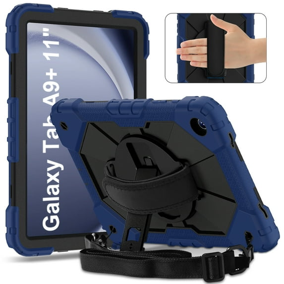 ELEHOLD Rugged Hybrid Case For Samsung Galaxy Tab A9+, with Built-in Kickstand 360° Rotating Handstrap Crossbody Shoulder Strap Shockproof Heavy Duty Case, Navyblue+Black