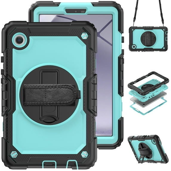 ELEHOLD Rugged Hybrid Case for Samsung Galaxy Tab A9 Plus 11.0" (2023) Three-Layer Protection with Built-in Screen Protector 360° Rotating Kickstand Handstrap Shoulder Strap Shockproof Case,Black+Mint