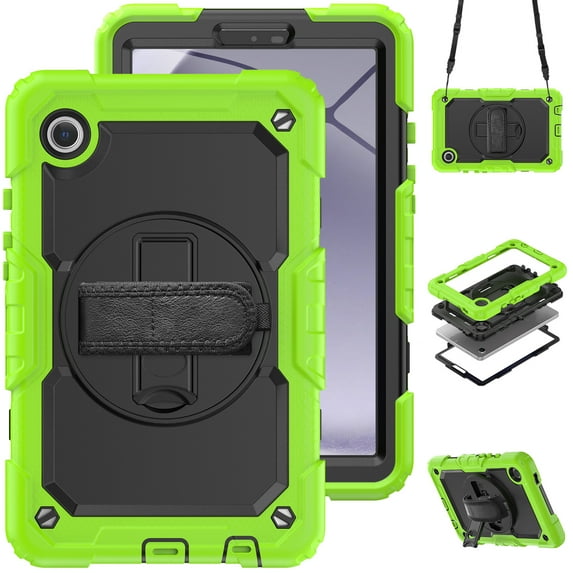 ELEHOLD Rugged Hybrid Case for Samsung Galaxy Tab A9 Plus 11.0" (2023) Three-Layer Protection with Built-in Screen Protector 360° Rotating Kickstand Handstrap Shoulder Strap Shockproof Case,Green