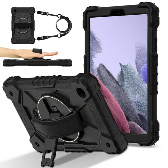 ELEHOLD Rugged Hybrid Case For Samsung Galaxy Tab S8, with Built-in Kickstand 360° Rotating Handstrap Crossbody Shoulder Strap Shockproof Heavy Duty Case, Black+Black