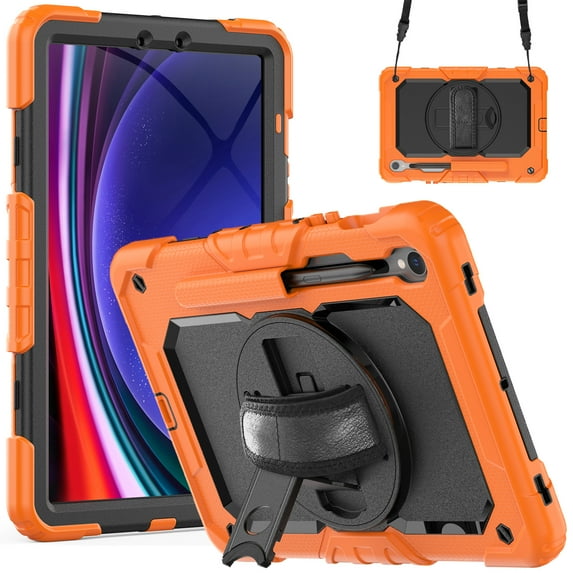 ELEHOLD Rugged Hybrid Case for Samsung Galaxy Tab S9 11.0" 2023 Three-Layer Protection with Built-in Screen Protector 360° Rotating Kickstand Handstrap Shoulder Strap Shockproof Case,Orange
