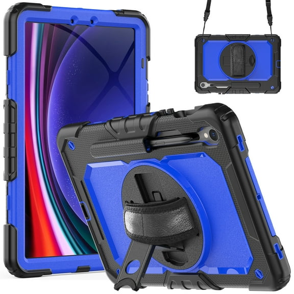 ELEHOLD Rugged Hybrid Case for Samsung Galaxy Tab S9 11.0" 2023 Three-Layer Protection with Built-in Screen Protector 360° Rotating Kickstand Handstrap Shoulder Strap Shockproof Case,Black + Blue