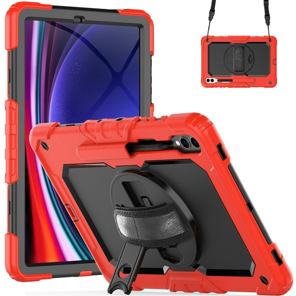 ELEHOLD Rugged Hybrid Case for Samsung Galaxy Tab S9 Plus 12.4" 2023 Three-Layer Protection with Built-in Screen Protector 360° Rotating Kickstand Handstrap Shoulder Strap Shockproof Case,Red