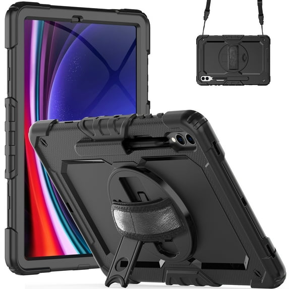 ELEHOLD Rugged Hybrid Case for Samsung Galaxy Tab S9 Plus 12.4" 2023 Three-Layer Protection with Built-in Screen Protector 360° Rotating Kickstand Handstrap Shoulder Strap Shockproof Case,Black