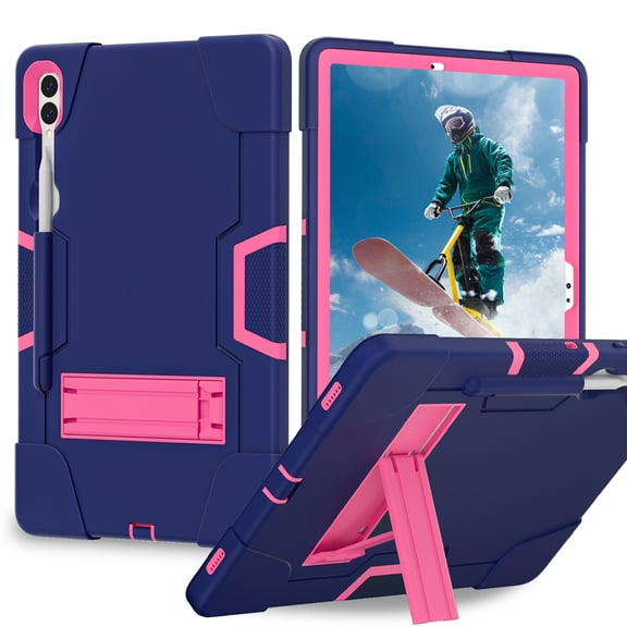 ELEHOLD Rugged Hybrid Case for Samsung Galaxy Tab S9 Plus 12.4 Inch, Tri-Layers Hard PC Soft Silicone Hidden Kickstand Anti-Scratch Shockproof Heavy Duty Case for Samsung Tab S9+ 2023,Navy+Rose