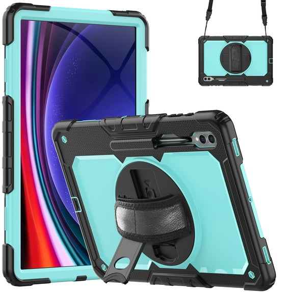 ELEHOLD Rugged Hybrid Case for Samsung Galaxy Tab S9 Ultra 14.6" 2023 Three-Layer Protection with Built-in Screen Protector 360° Rotating Kickstand Handstrap Shoulder Strap Shockproof Case,Black +Mint