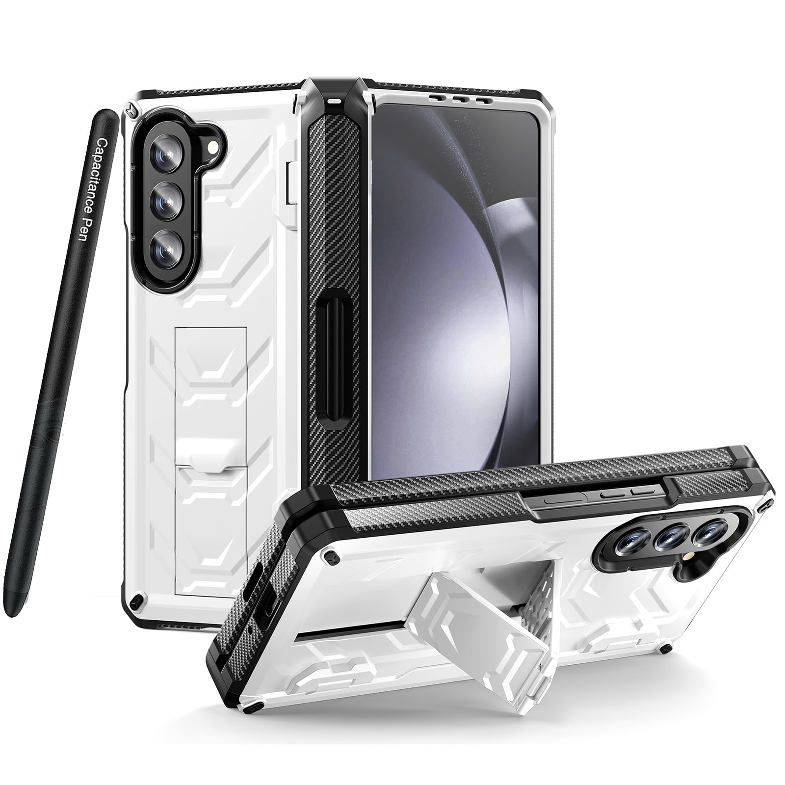 ELEHOLD Rugged Hybrid Case for Samsung Galaxy Z Fold 5 with Built-in Screen Protector Hidden Kickstand Pen Slot Heavy Duty Full Body Shockproof Case with Stylus Pen for Samsung Z Fold5 2023,White