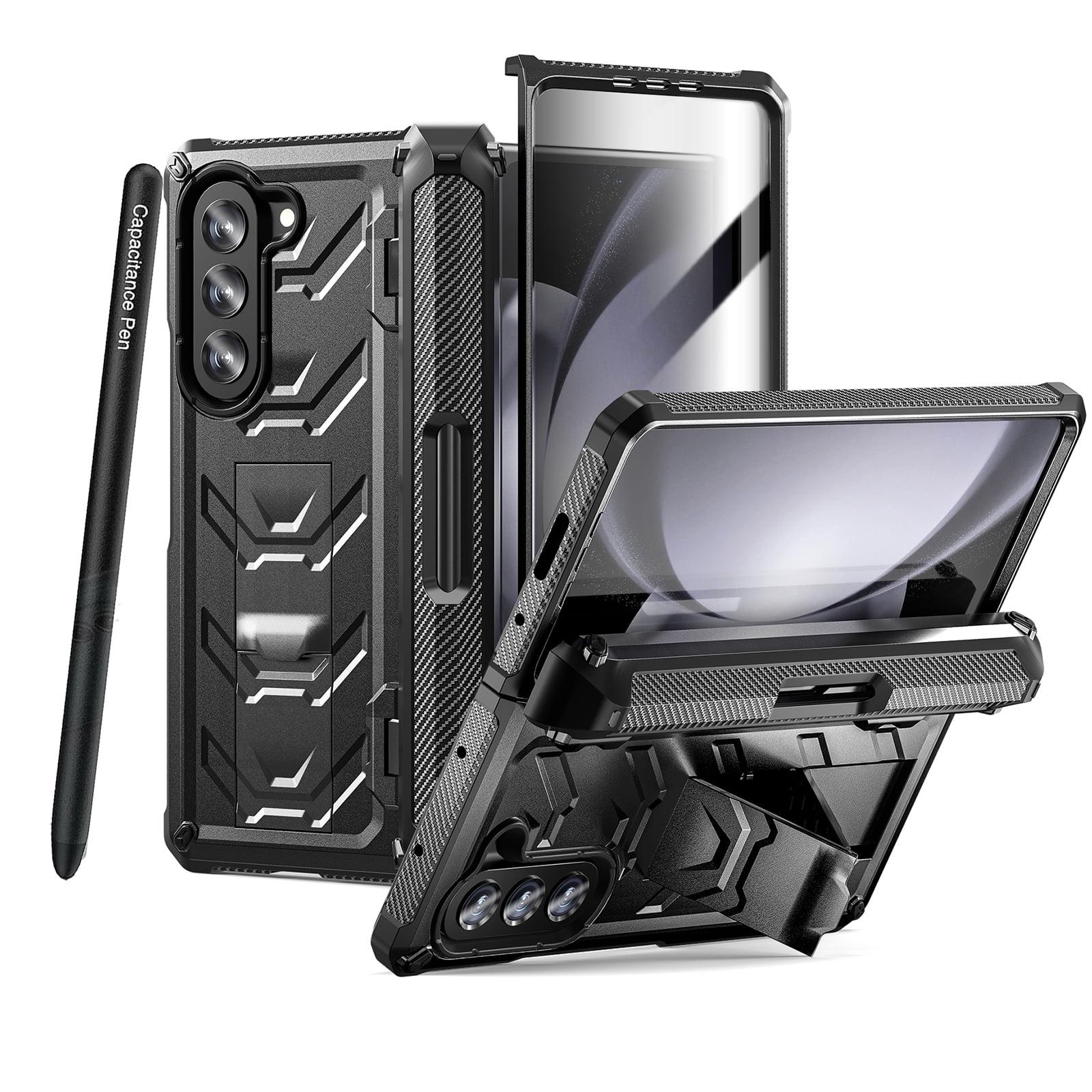 ELEHOLD Rugged Hybrid Case for Samsung Galaxy Z Fold 5 with Built-in Screen Protector Hidden Kickstand Pen Slot Heavy Duty Full Body Shockproof Case with Stylus Pen for Samsung Z Fold5 2023,Black