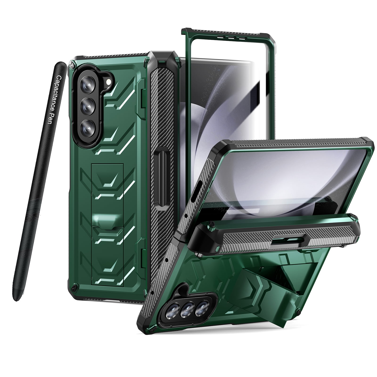 ELEHOLD Rugged Hybrid Case for Samsung Galaxy Z Fold 5 with Built-in Screen Protector Hidden Kickstand Pen Slot Heavy Duty Full Body Shockproof Case with Stylus Pen for Samsung Z Fold5 2023,Green
