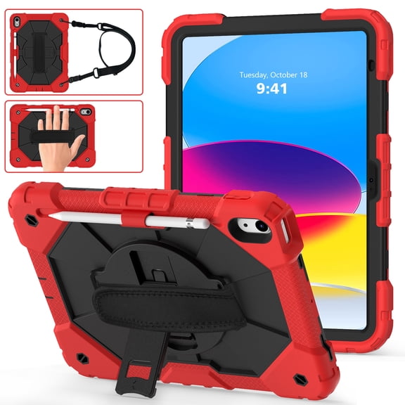 ELEHOLD Rugged Hybrid Case for iPad 10th Gen 10.9" 2022,with Built-in Kickstand 360° Rotating Handstrap Pencil Holder Crossbody Shoulder Strap Shockproof Heavy Duty Case for iPad 10th,Red/Black