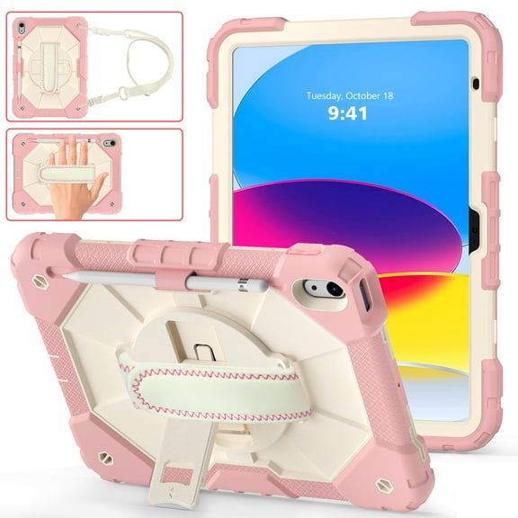 ELEHOLD Rugged Hybrid Case for iPad 11th Gen (A16) 2025 11-inch,with Built-in Kickstand 360° Rotating Handstrap Pencil Holder Crossbody Shoulder Strap Shockproof Heavy Duty Case,Rosegold/Beige