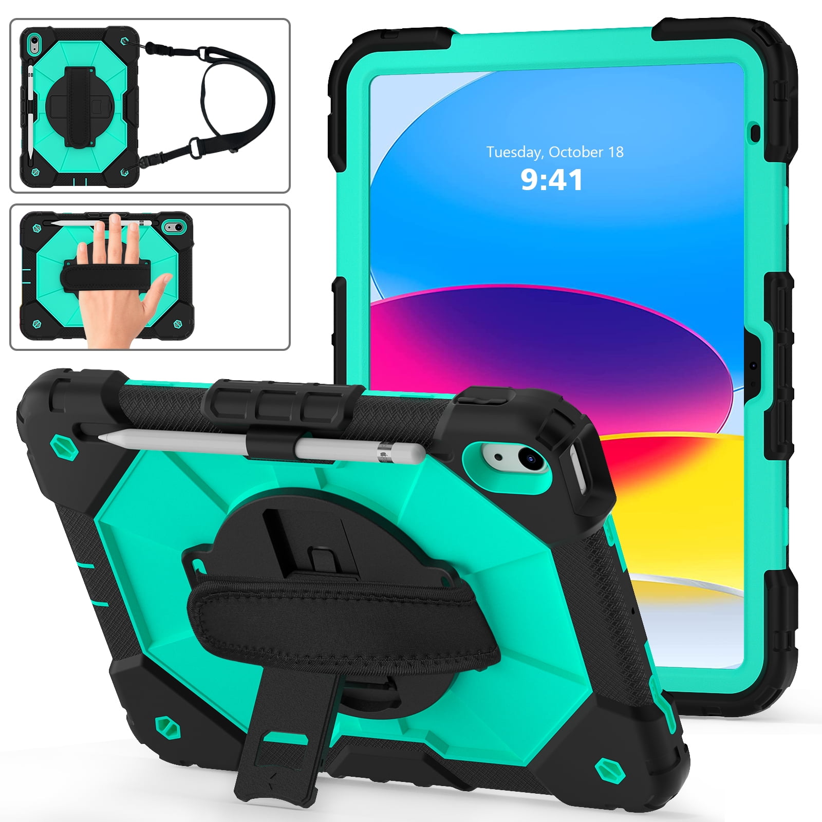 ELEHOLD Rugged Hybrid Case for iPad 11th Gen (A16) 2025 11-inch,with Built-in Kickstand 360° Rotating Handstrap Pencil Holder Crossbody Shoulder Strap Shockproof Heavy Duty Case,Black/Mint