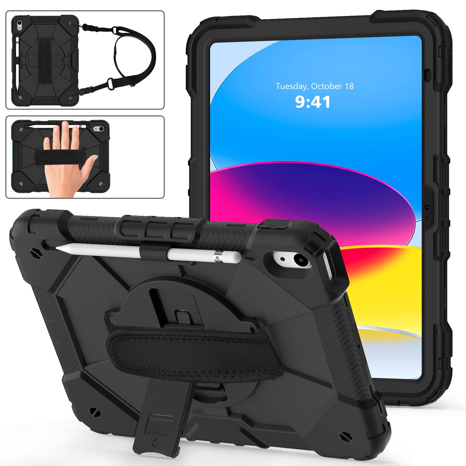ELEHOLD Rugged Hybrid Case for iPad 11th Gen (A16) 2025 11-inch,with Built-in Kickstand 360° Rotating Handstrap Pencil Holder Crossbody Shoulder Strap Shockproof Heavy Duty Case,Black