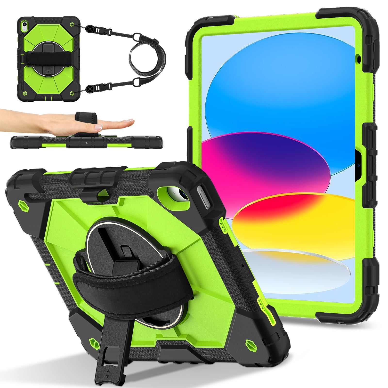 ELEHOLD Rugged Hybrid Case for iPad 11th Gen (A16) 2025 11-inch,with Built-in Kickstand 360° Rotating Handstrap Pencil Holder Crossbody Shoulder Strap Shockproof Heavy Duty Case,Black/Green