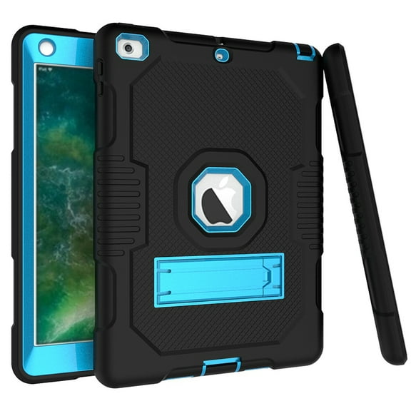 ELEHOLD Rugged Hybrid Case for iPad 6th/5th Gen/Pro 9.7 inch (2018/2017/2016) Three-Layer Full Protection Hidden Kickstand Shockproof Durable Case for iPad 9.7 ,Black+Blue