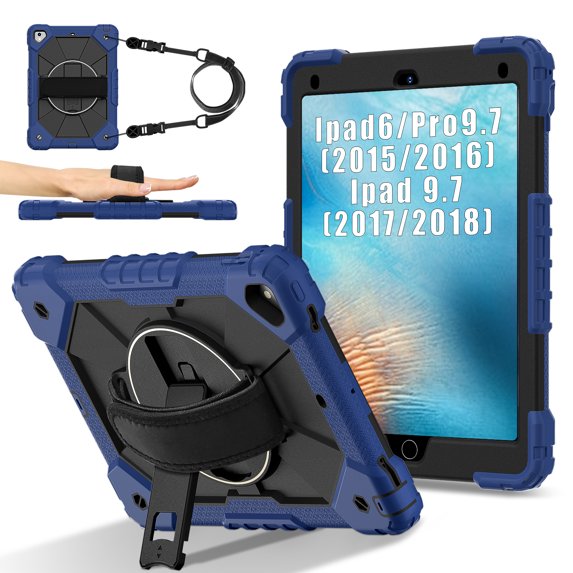 ELEHOLD Rugged Hybrid Case For iPad 6th Generation, with Built-in Kickstand 360° Rotating Handstrap Crossbody Shoulder Strap Shockproof Heavy Duty Case, Navyblue+Black