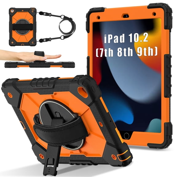ELEHOLD Rugged Hybrid Case For iPad 9th/8th/7th Generation, with Built-in Kickstand 360° Rotating Handstrap Crossbody Shoulder Strap Shockproof Heavy Duty Case, Black+Orange