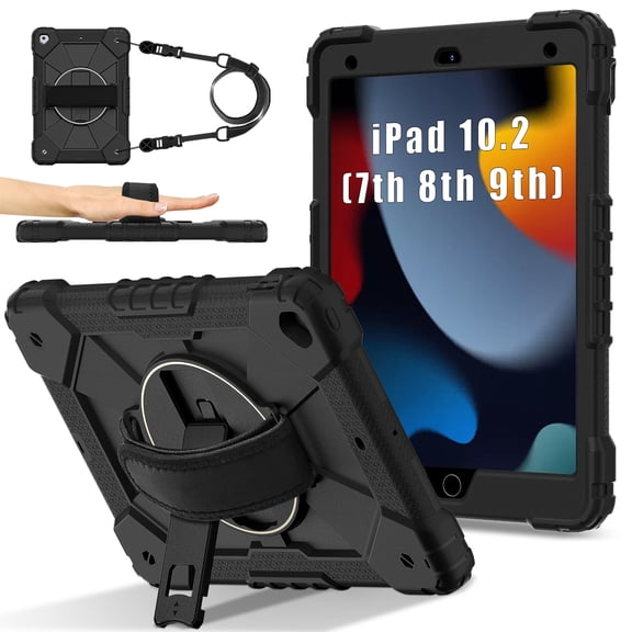 ELEHOLD Rugged Hybrid Case For iPad 9th/8th/7th Generation, with Built-in Kickstand 360° Rotating Handstrap Crossbody Shoulder Strap Shockproof Heavy Duty Case, Black+Black