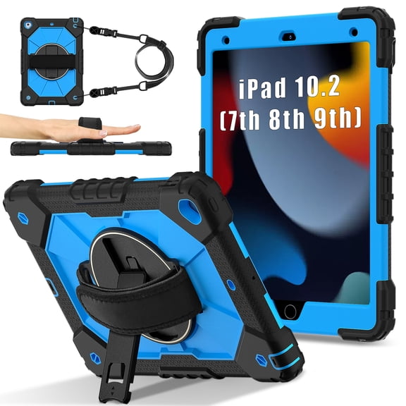 ELEHOLD Rugged Hybrid Case For iPad 9th/8th/7th Generation, with Built-in Kickstand 360° Rotating Handstrap Crossbody Shoulder Strap Shockproof Heavy Duty Case, Black+Blue