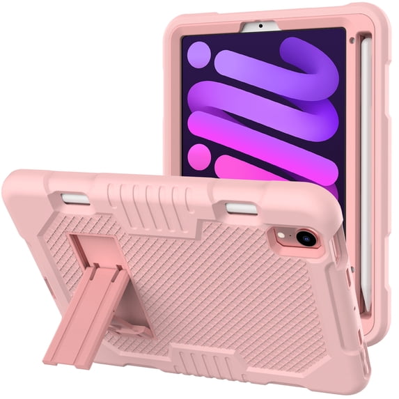 ELEHOLD Rugged Hybrid Case for iPad Mini 6 2021, Three-Layer Full Protection Hidden Kickstand Pencil Holder Shockproof Durable Case for iPad Mini 6th Gen (Rosegold)